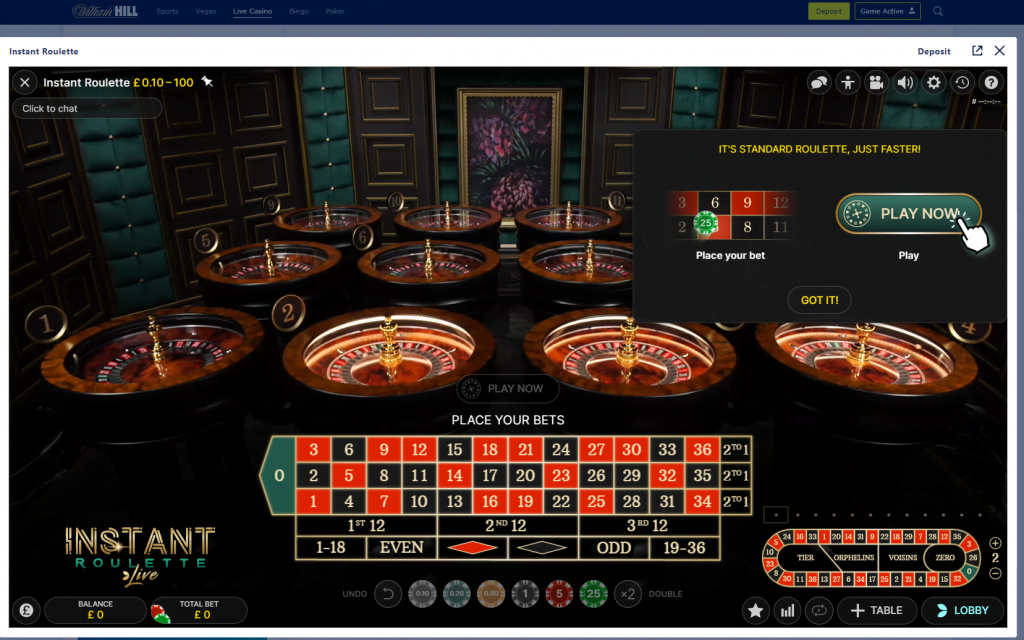 screen shot of 10p live roulette at William Hill casino